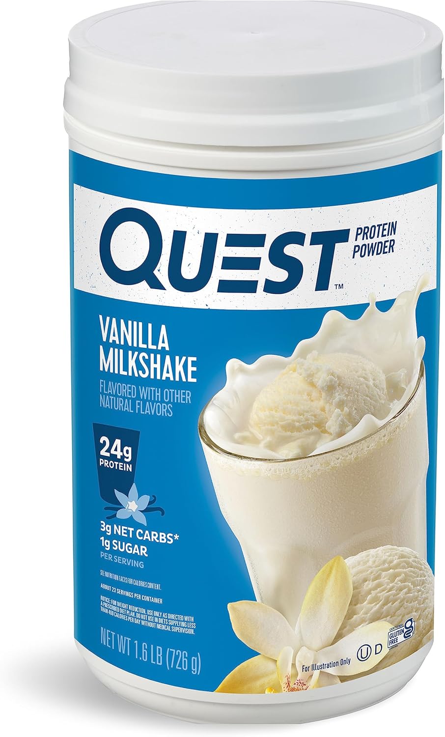 Quest Nutrition Vanilla Milkshake Protein Powder, 24G Of Protein, 1G Of Sugar, Low Carb, Gluten Free, 1.6 Pound, 23 Servings