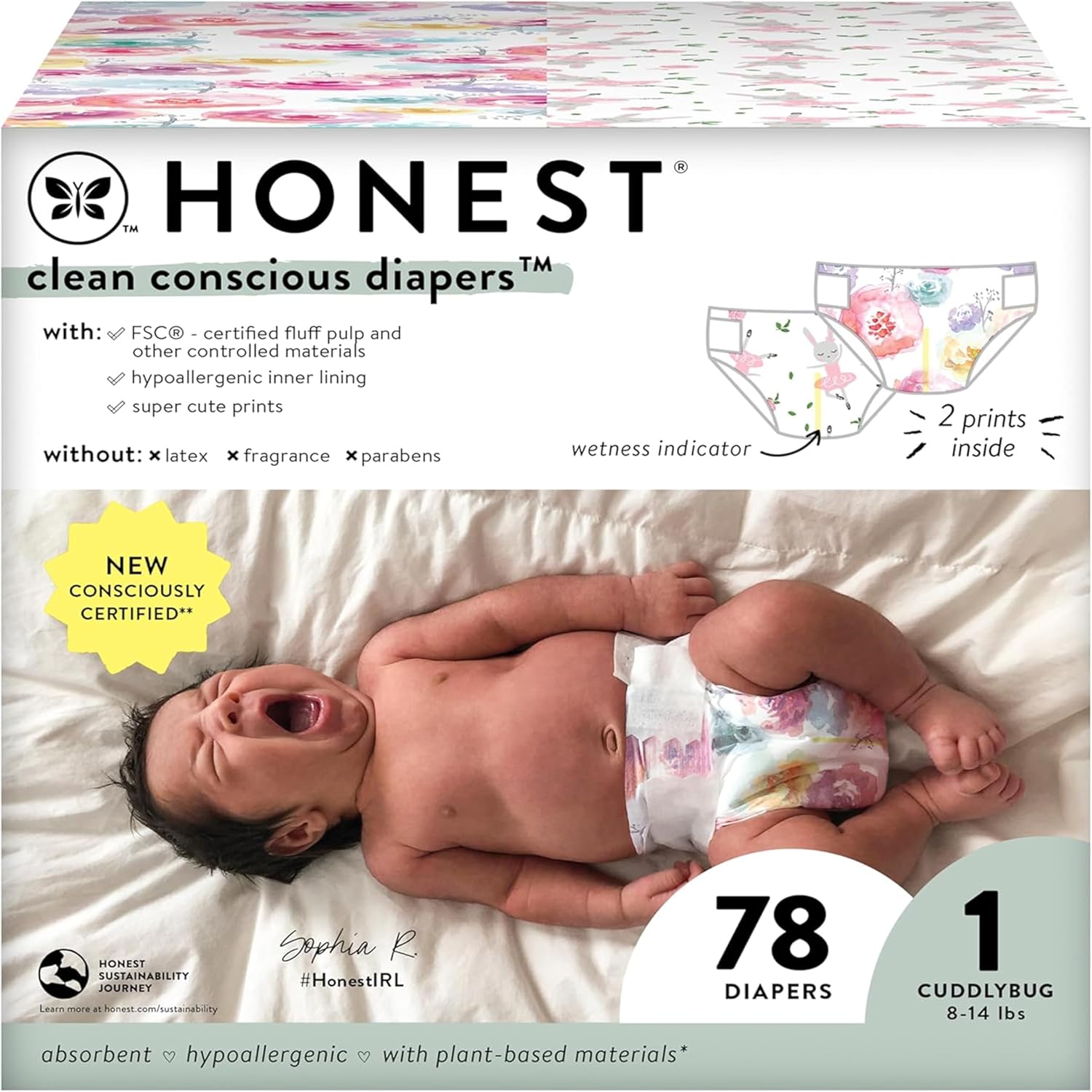 The Honest Company Clean Conscious Diapers | Plant-Based, Sustainable | Rose Blossom + Tutu Cute | Club Box, Size 1 (8-14 Lbs), 78 Count