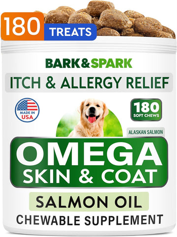 BARK&SPARK Omega 3 for Dogs - 180 Fish Oil Treats for Dog Shedding, Skin Allergy, Itch Relief, Hot Spots Treatment - Joint Health - Skin and Coat Supplement - EPA & DHA Fatty Acids - Alaskan Salmon