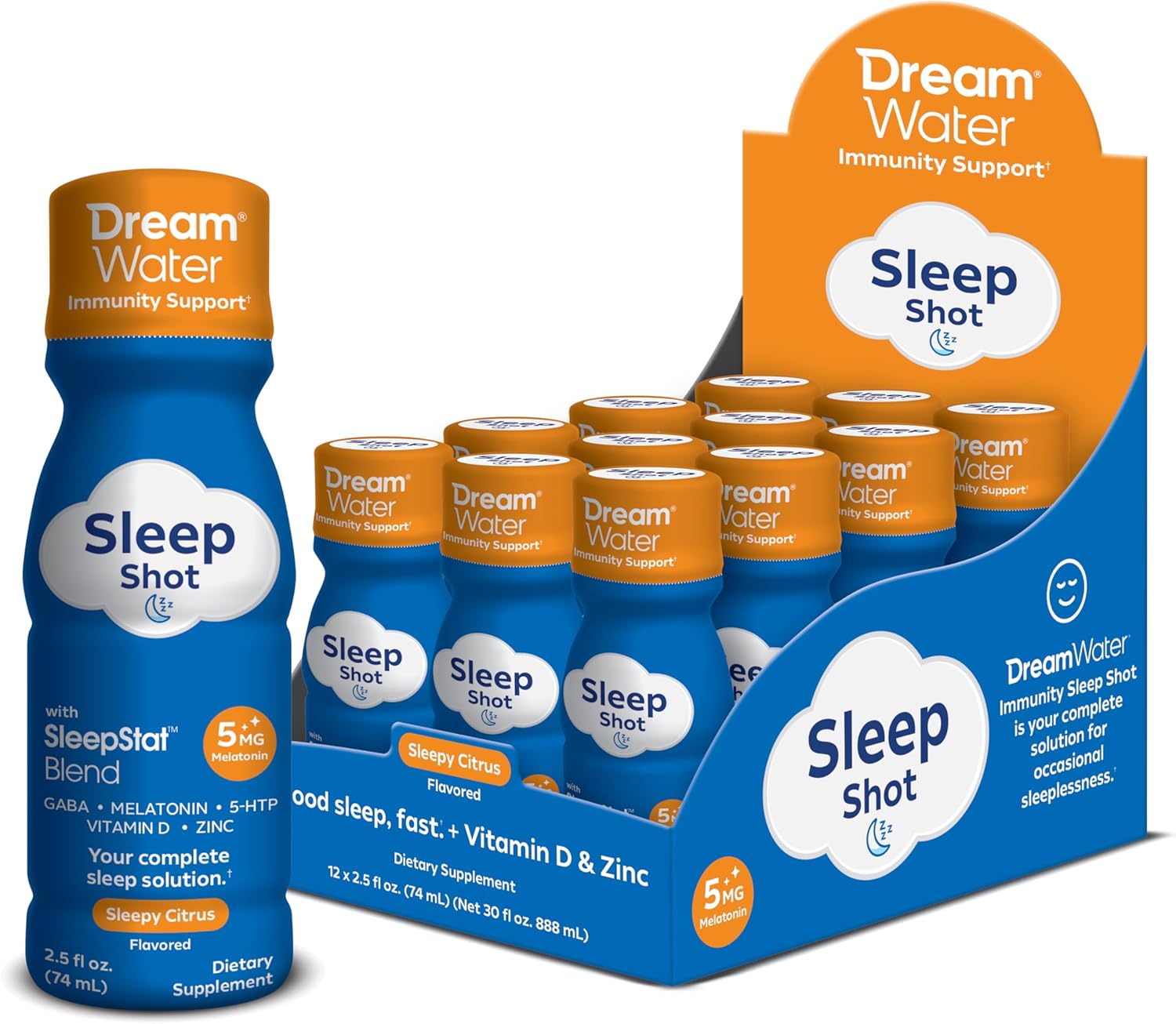 Dream Water Sleep Aid Supplement Drink; Melatonin 5Mg, Gaba, 5-Htp; Zero Sugar, Natural Flavors, No Added Colors, 2.5 Oz Liquid Sleep Shots, Nighttime Nectar, 12-Count