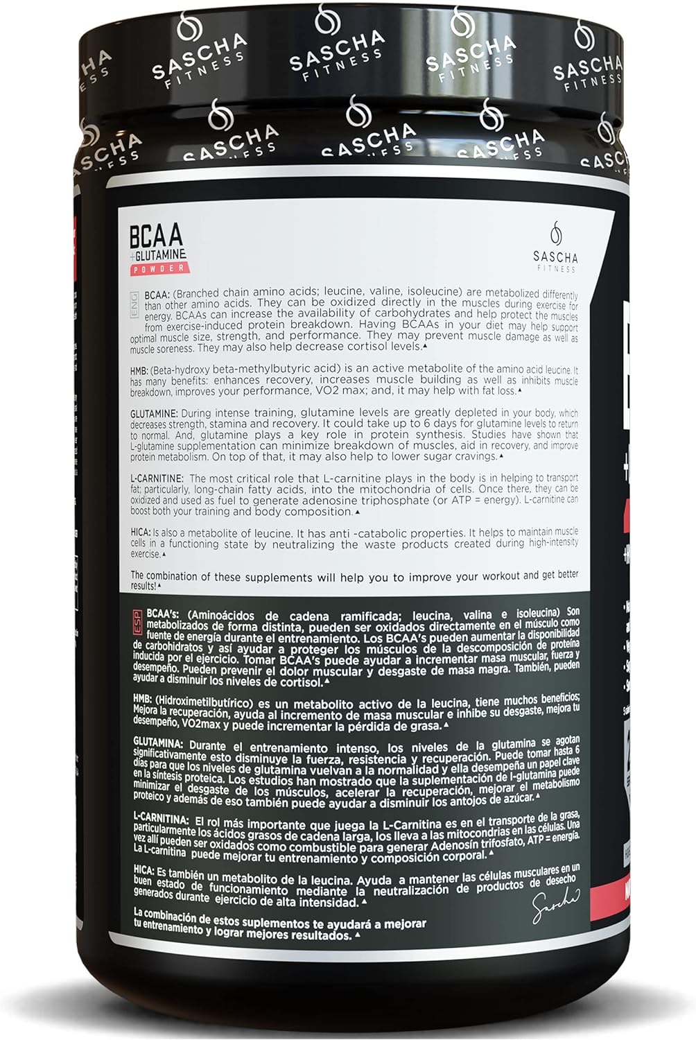 SASCHA FITNESS BCAA 4:1:1 + Glutamine,HMB,L-Carnitine,HICA | Powerful and Instant Powder Blend with Branched Chain Amino Acids (BCAAs) for Pre,Intra and Post-Workout |Natural Watermelon Flavor,362.5g : Health & Household