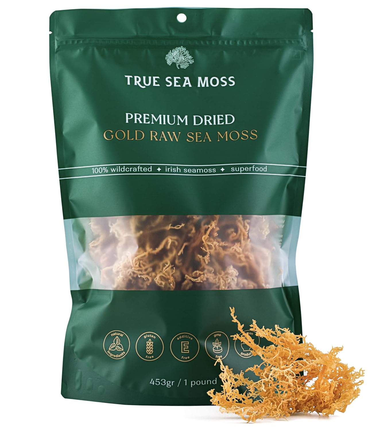 Sea Moss Raw Gold with Sea Salt, Premium Dried by TrueSeaMoss - Wildcrafted SeaMoss Raw - 100% Irish Sea Moss - Dried Sea Moss Advanced Drink Clean and Sundried (16oz)