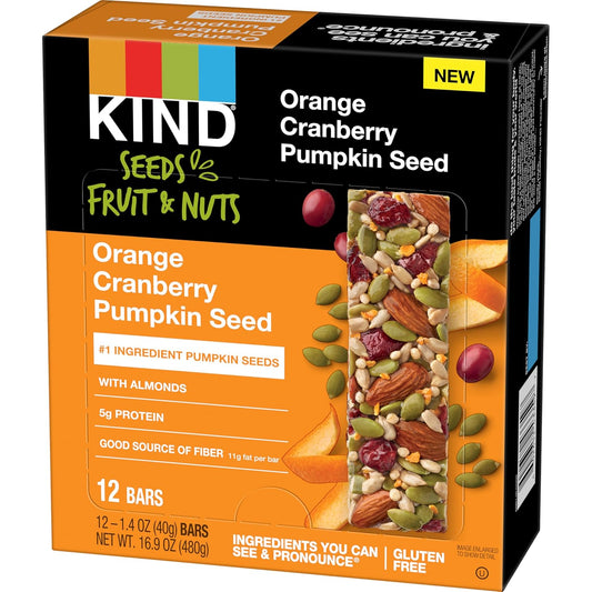 Kind Seeds Fruit & Nuts Snack Bar, Orange Cranberry | 5G Protein, High Fiber, Gluten Free Bars, 1.4 Oz, 12 Count