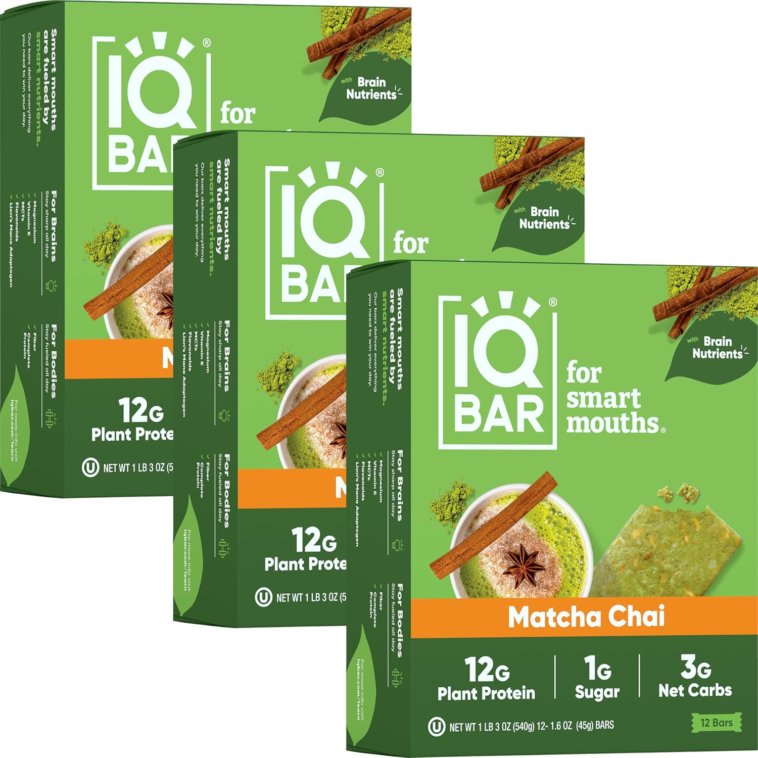 Iqbar Brain And Body Plant Protein Bars - Matcha Chai - 36 Count, Low Carb, High Fiber, Gluten Free, Healthy Vegan Snacks - Low Sugar Keto Bar Pack