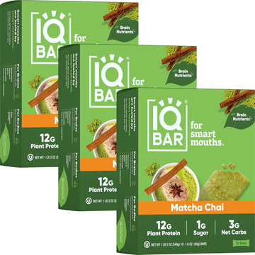 Iqbar Brain And Body Plant Protein Bars - Matcha Chai - 36 Count, Low Carb, High Fiber, Gluten Free, Healthy Vegan Snacks - Low Sugar Keto Bar Pack