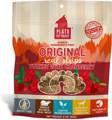 Plato Turkey Real Strips Natural Dog Treats - Real Meat - Air Dried - Made In The Usa - Turkey & Cranberry, 3 Ounces