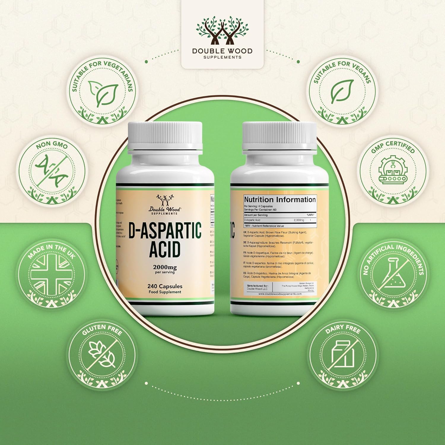 Double Wood D Aspartic Acid Supplement | 240 (60 Servings) D-Aspartic Testosterone Capsules | 2000mg D Aspartic Acid (DAA) per Serving | Non-GMO, Gluten & Dairy Free : Amazon.co.uk: Health & Personal Care