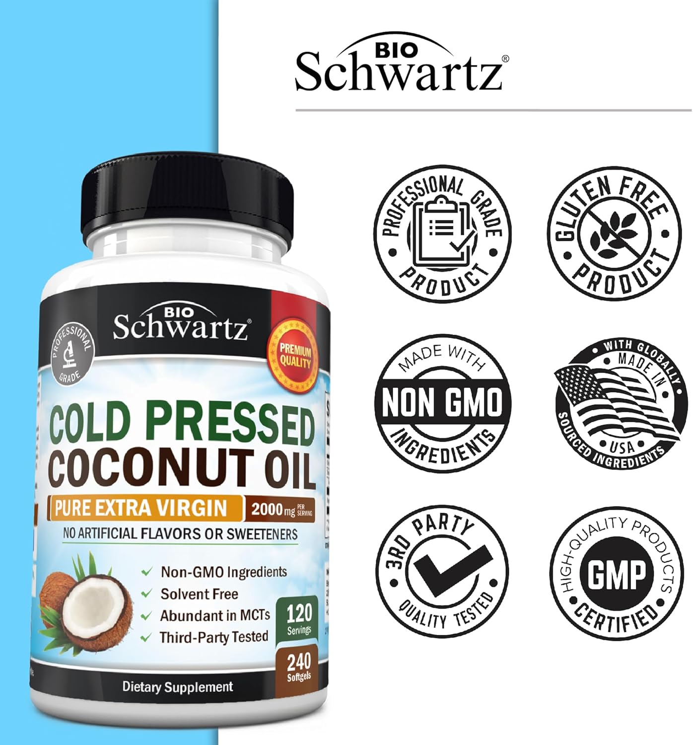 Coconut Oil Capsules 2000Mg - Organic Pure Extra Virgin Unrefined Cold Pressed Mct Rich & Non-Gmo For Healthy Skin Nails Hair Growth Support Bloating Anti Aging Digestion - 240Ct (4 Month Supply)