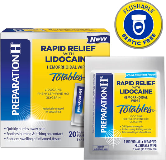 Preparation H Rapid Relief Hemorrhoid Wipes With Lidocaine, Numbing Relief For Swelling, Pain, Burning And Itching - 20 Count