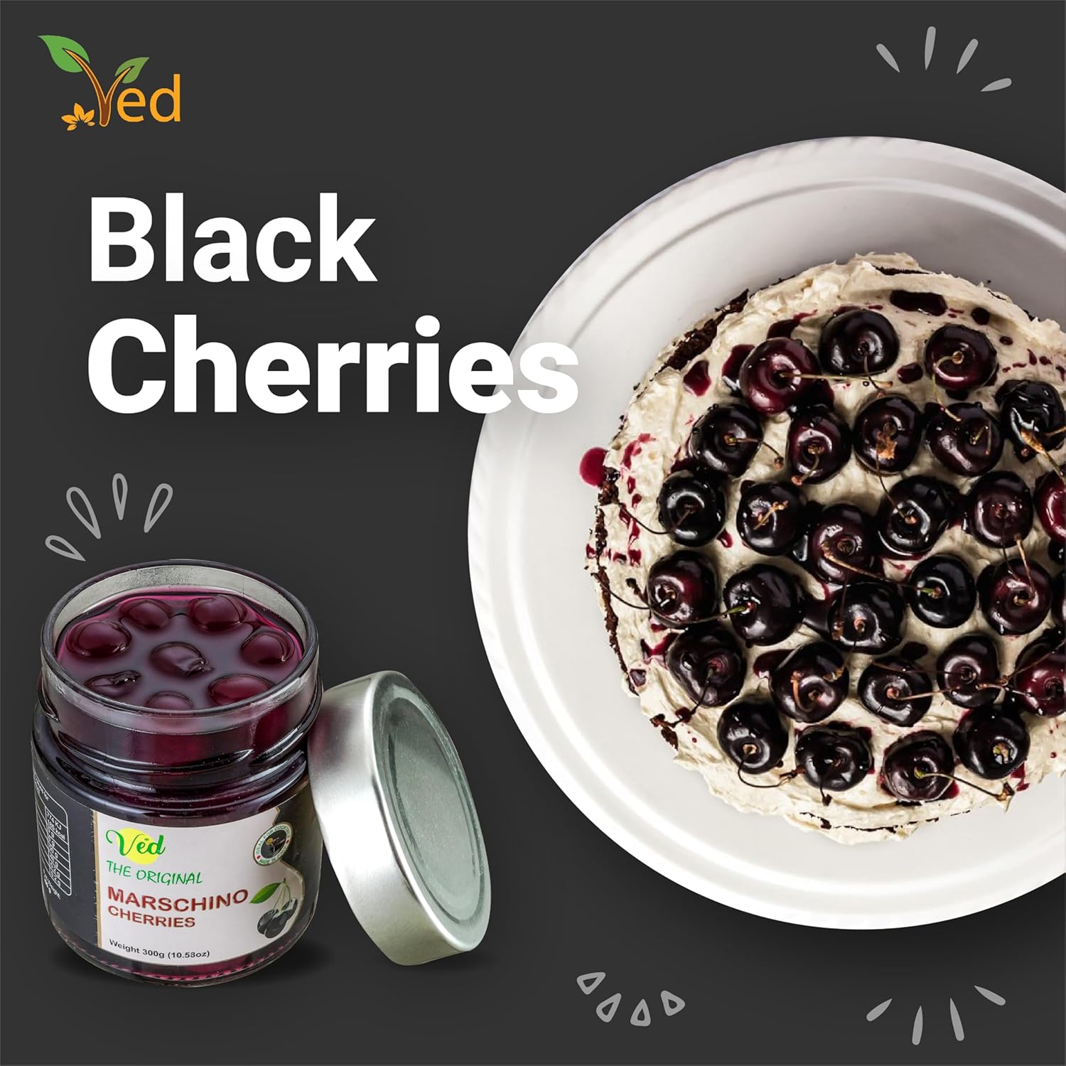 Ved Gourmet Original Black Maraschino Cherries - Italian Cherry for Old-Fashioned Cocktails - Vegan Cocktail, Bourbon Cherries in Natural Syrup for Cocktail Garnish,300G : Amazon.co.uk: Grocery