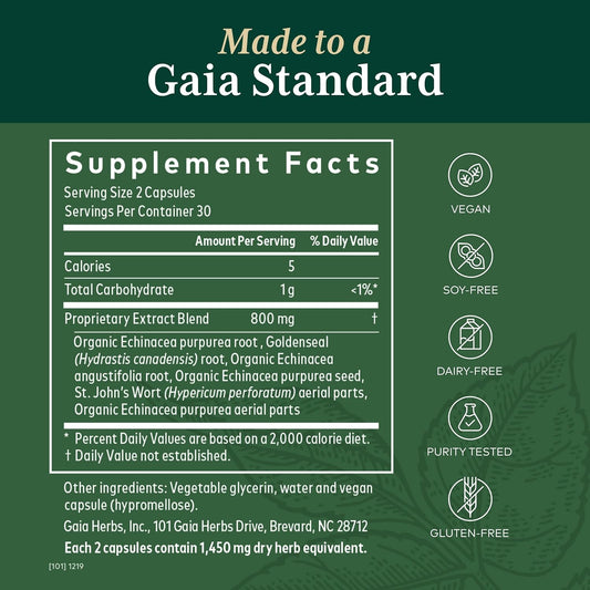 Gaia PRO Echinacea Goldenseal - Supports Immune & Lung Health - with Echinacea, Angustifolia, Echinacea Purpurea, Goldenseal & St. John’s Wort - 60 Vegan Liq Phyto-Capsules (30 Servings)