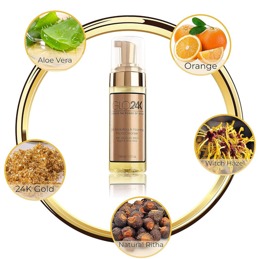 Glo24K Exfoliating And Foaming Facial Cleanser With 24K Gold, Witch Hazel, And Aloe Vera