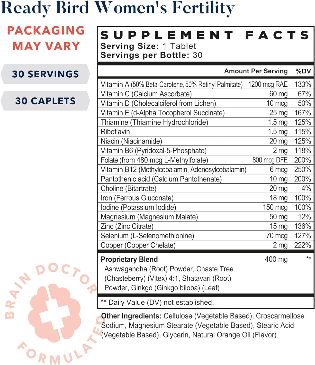 Best Nest Ready Bird Women's Fertility Vitamins, Conception Supplement & Prenatal Multivitamin for Women, Methylfolate (Folic Acid), Whole Food Herbal Blend, Vegan, 30 Ct : Health & Household