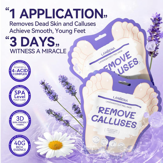 Lanbena Foot Peel Mask - 1 Pair Moisturizing And Exfoliating Foot Peeling Mask For Dry, Cracked Feet | Callus Remover | Skin - Friendly And Effective For Baby Soft Feet, Men And Women (Lavender)