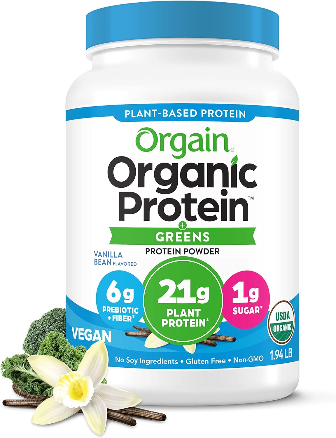 Orgain Organic Vegan Protein Powder + Greens, Vanilla Bean - 21G Plant Based Protein, 6G Prebiotic Fiber For Gut Health, Gluten Free, No Lactose Ingredients, No Sugar Added, Non-Gmo - 1.94Lb