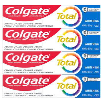 Colgate Total Whitening Toothpaste Gel, 10 Benefits, No Trade-Offs, Freshens Breath, Whitens Teeth And Provides Sensitivity Relief, Mint Flavor, 4 Pack, 5.1 Oz Tubes