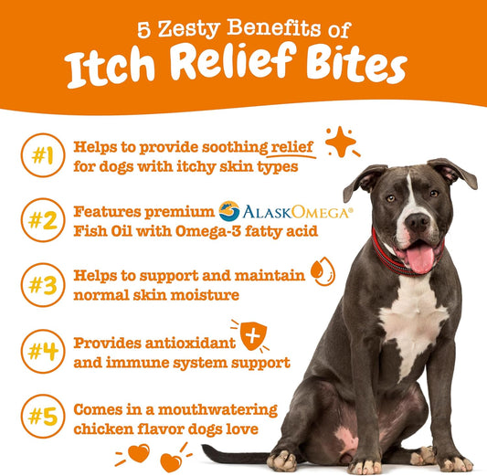 Zesty Paws Itch Relief For Dogs - For Itching Skin & Coat Health - Omega-3 Fish Oil With Epa & Dha - Dog Bites Supplement With Vitamin C & E For Antioxidant Support - Chicken Flavor - 90 Count