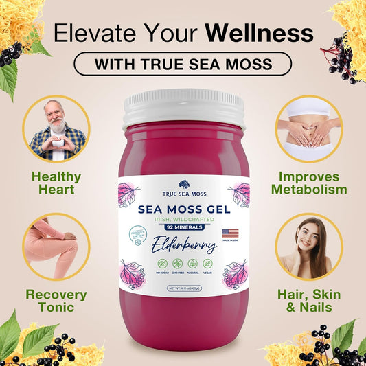 TrueSeaMoss Wildcrafted Irish Sea Moss Gel - Made with Dried Seaweed - Seamoss, Vegan-Friendly, Antioxidant Supports Thyroid & Digestion - Made in USA (Elderberry, Pack of 1)