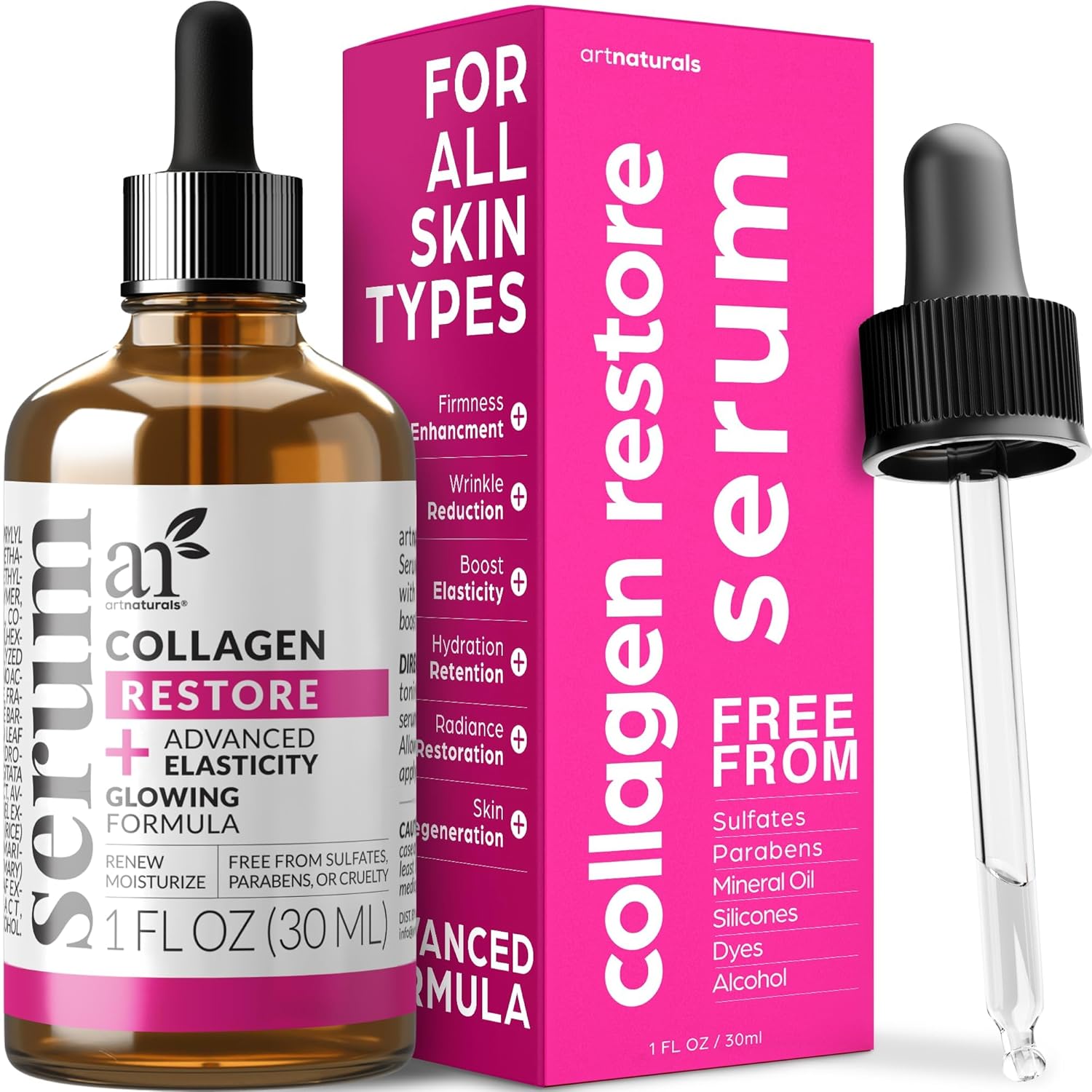 Artnaturals Collagen Booster Serum For Face - Anti-Aging Reduces Wrinkles And Boosts Collagen - Heals And Repairs Skin - Improves Tone And Texture - Hyaluronic Acid & Vitamin E - 1 Oz