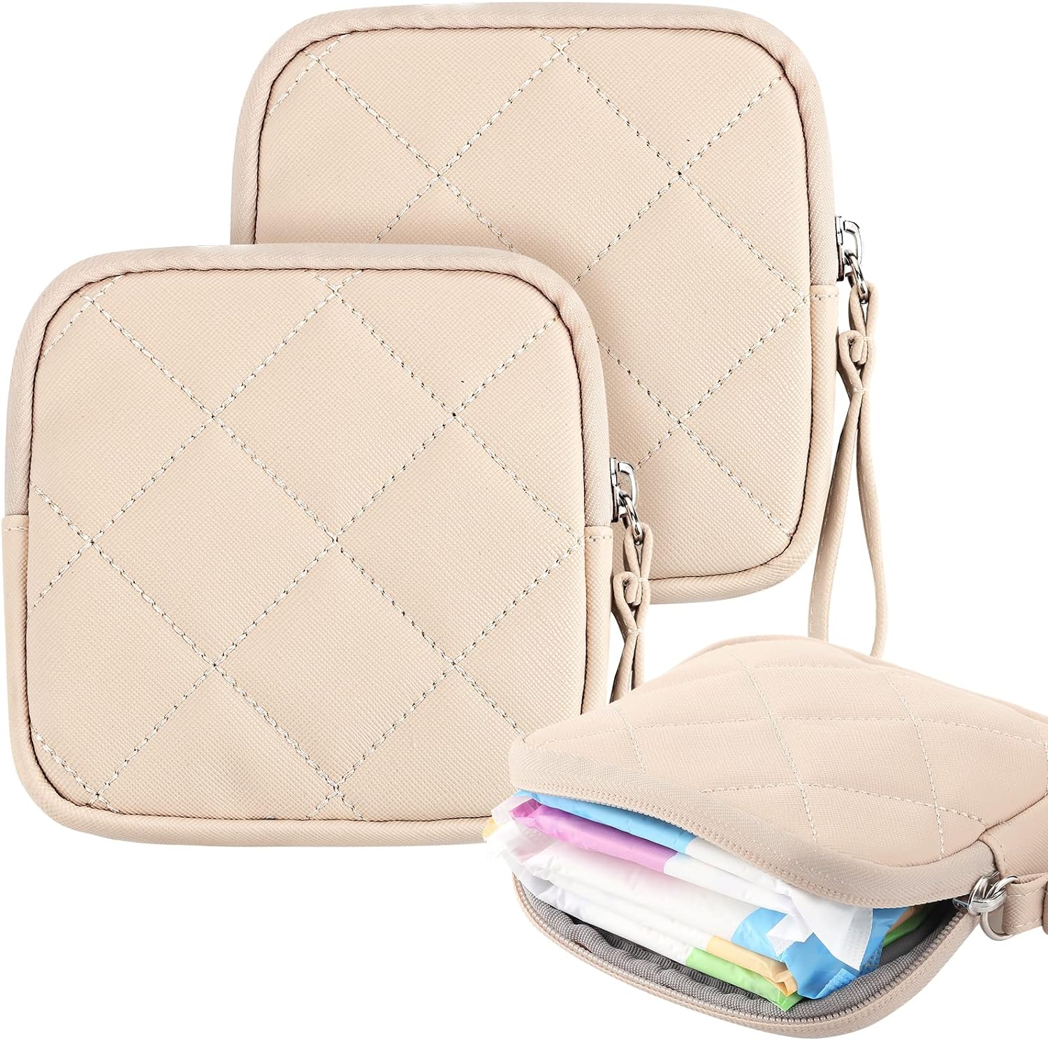 2 Pcs Sanitary Napkin Storage Bag Menstrual Period Bag for Teen Girls Menstrual Pad Pouch Nursing Pad Holder Portable Feminine Menstruation First Period Pouch for Women Ladies, 5.2 x 5.2" (Beige)