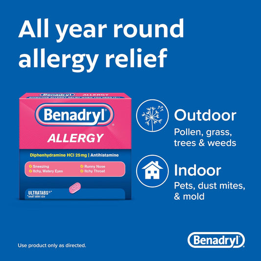 Benadryl Ultratabs Go Packs, Antihistamine Allergy Medicine Tablets With Diphenhydramine Hcl, Convenient For Travel & On-The-Go Cold & Allergy Relief, 60 Packets Of 2 Tablets