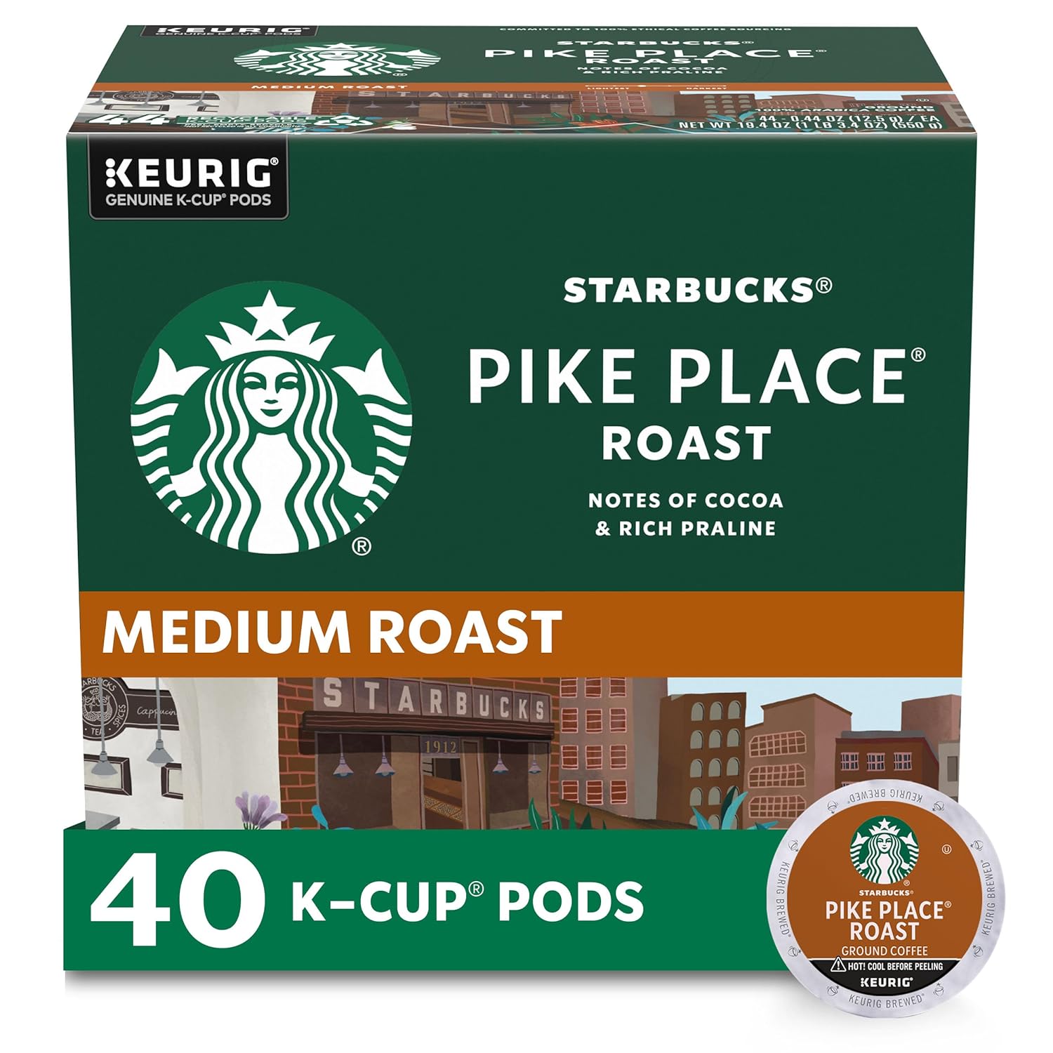 Starbucks Medium Roast K-Cup Coffee Pods — Pike Place For Keurig Brewers — 1 Box (40 Pods)