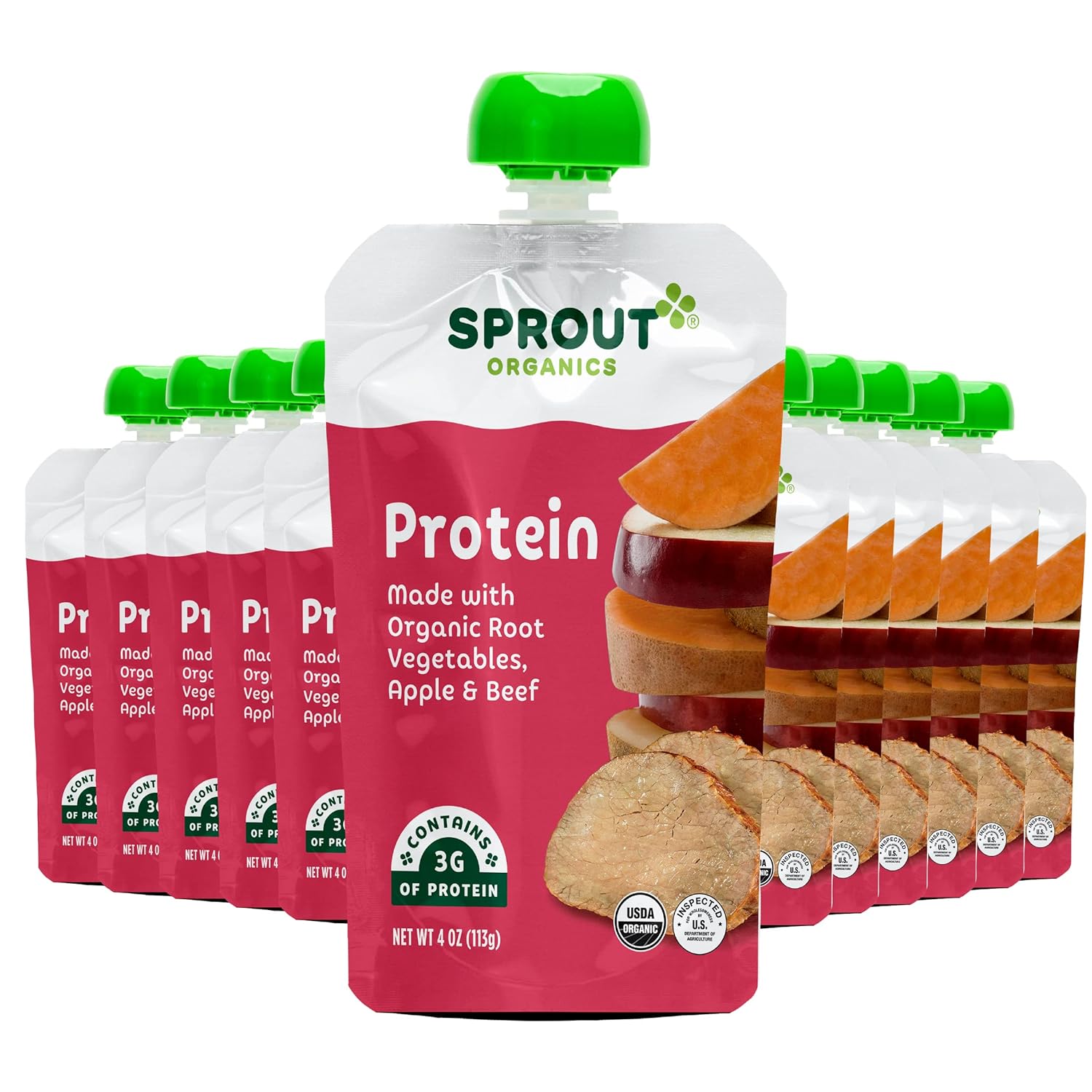 Sprout Organic Baby Food Pouches Stage 3, Organically Sourced Meat Protein, Root Vegetables Apple W/ Beef, 4 Ounce (Pack Of 12)