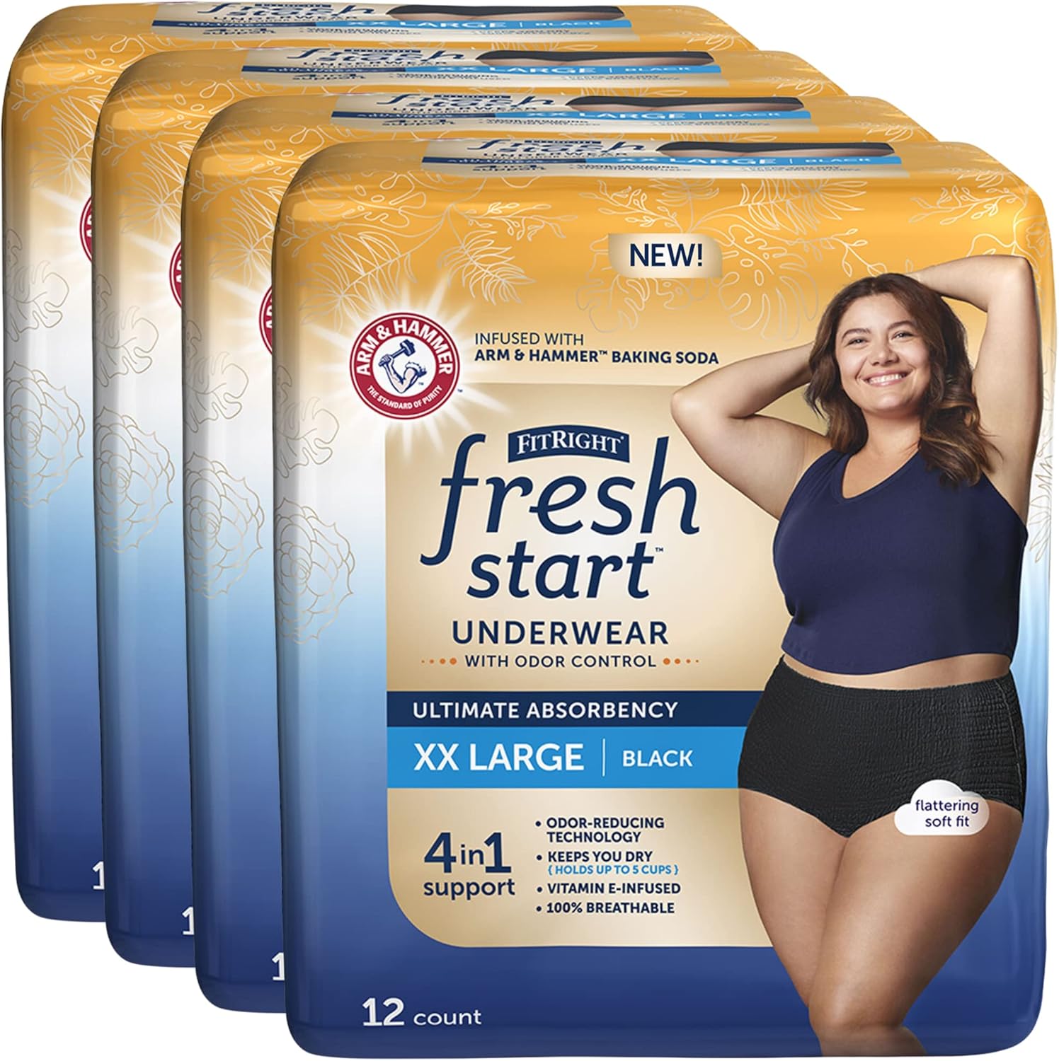 Fitright Fresh Start Incontinence And Postpartum Underwear For Women, Xxl, Black (48 Count) Ultimate Absorbency, Disposable Underwear With The Odor-Control Power Of Arm & Hammer