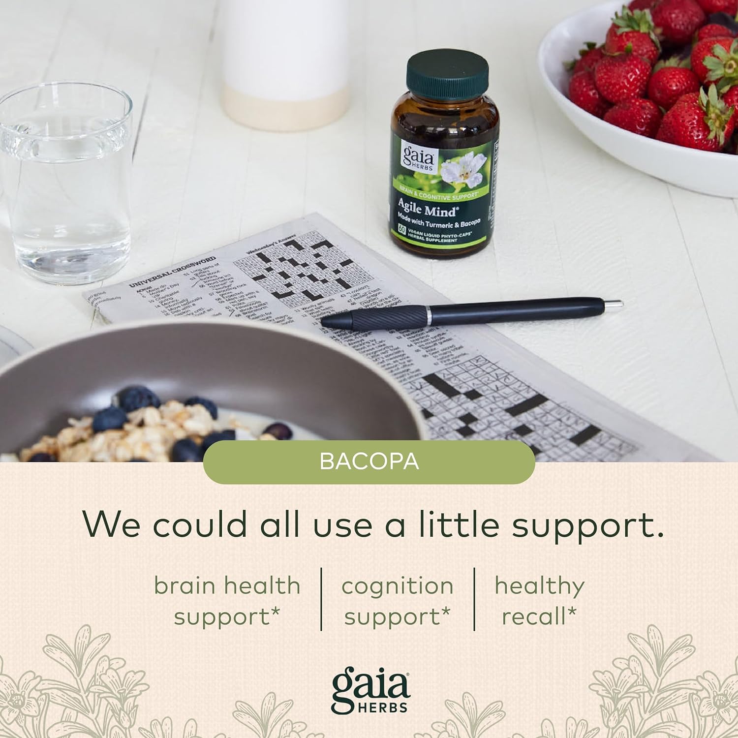 Gaia Herbs Agile Mind - Brain & Cognitive Support Herbal Supplements - with Organic Turmeric Root, Bacopa, Black Pepper, and Ginkgo Biloba - 60 Vegan Liquid Phyto-Capsules (30-Day Supply) : Health & Household