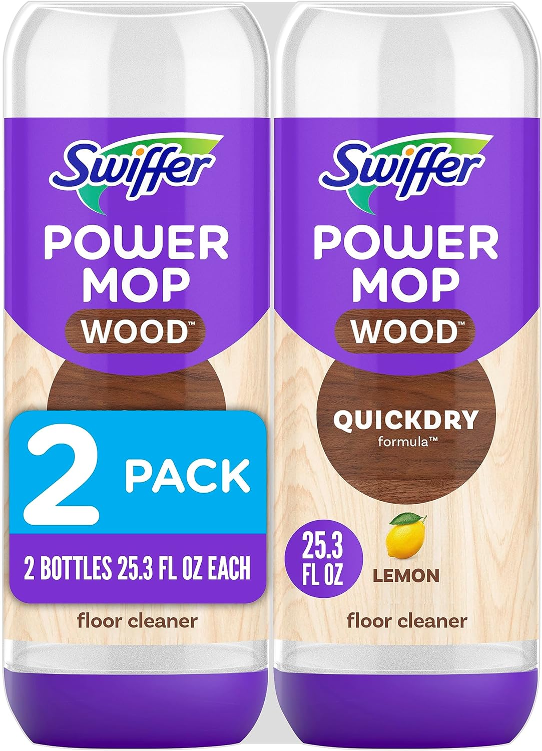 Swiffer PowerMop Wood QuickDry Wood Floor Cleaning Solution with Lemon Scent, 25.3 fl oz, 2 pack