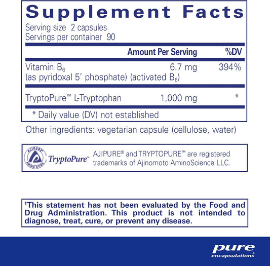 Pure Encapsulations L-Tryptophan | Amino Acid Supplement For Relaxation, Serotonin Support, Pms, And Sleep* | 180 Capsules