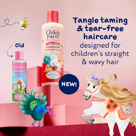 Childs Farm Tangle Taming Conditioner, Straight Or Wavy Hair, Gentle, Tear Free, Strawberry And Mint, Kids, Baby, 250Ml (Pack Of 2)
