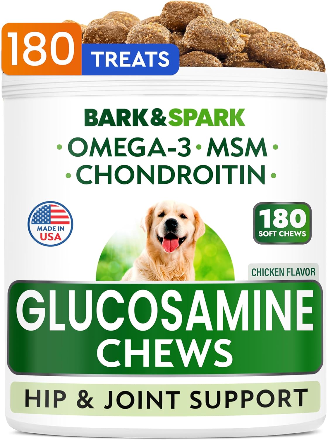 Bark&Spark Glucosamine Chondroitin Dog Hip & Joint Supplement - Joint Pain Relief - Hip & Joint Chews - Joint Support Large Small Breed - Senior Doggie Vitamin Pill Joint Health (180 Treats - Chicken)