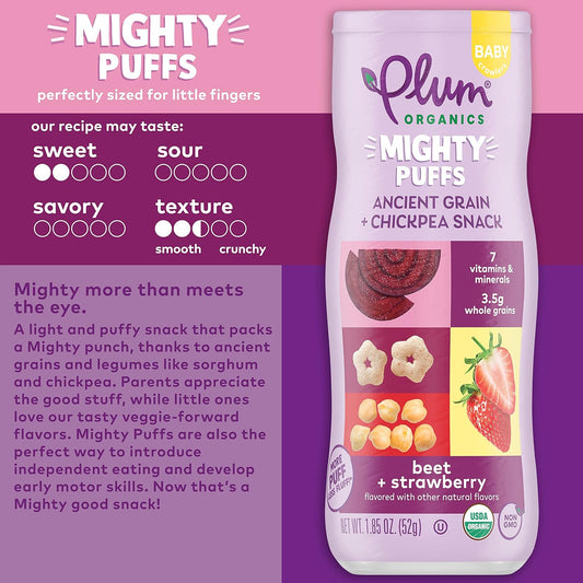 Plum Organics Mighty Puffs Organic Baby Food - Beet And Strawberry - 1.85 Oz Canister (Pack Of 6) - Ancient Grains And Chickpea Snacks