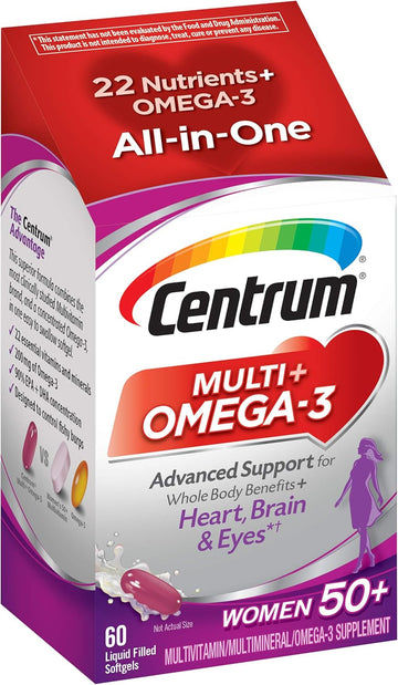 Centrum Multi + Omega-3 (60 Count, 2 Month Supply) Adult Multivitamin And Omega-3 Supplement For Women Over 50, Multivitamin Support For Your Heart, Vitamins B6, B12 And Folate