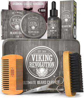 Viking Revolution Beard Care Kit For Men - Kit Includes 100% Boar Beard Brush, Wooden Comb, Beard Balm, Beard Oil, Beard & Mustache Scissors In A Metal Box