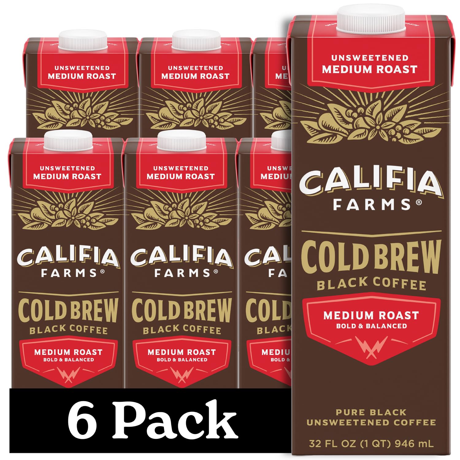 Califia Farms - Pure Black Medium Roast Cold Brew Coffee, 32 Oz (Pack Of 6), 100% Arabica, Shelf Stable, Plant Based, Vegan, Gluten Free, Non Gmo, Sugar Free, Iced Coffee