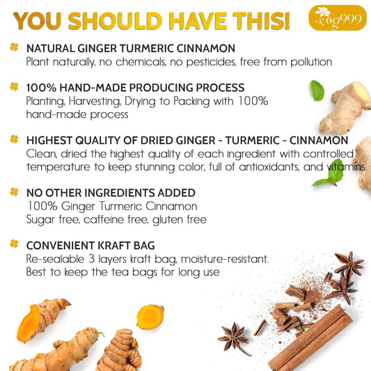 Tog999, Premium 15 Tea Bags Turmeric, Ginger, Cinnamon, 100% Natural, Hand-Made Blend Of Turmeric, Ginger, And Cinnamon Herbal Tea. Eco-Conscious Tea Bags. No Sugar, No Caffeine, No Gluten, Vegan