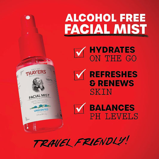 Thayers Alcohol-Free Witch Hazel Facial Mist Toner With Aloe Vera, Unscented, Soothing And Hydrating, For All Skin Types, Trial Size, 3 Oz