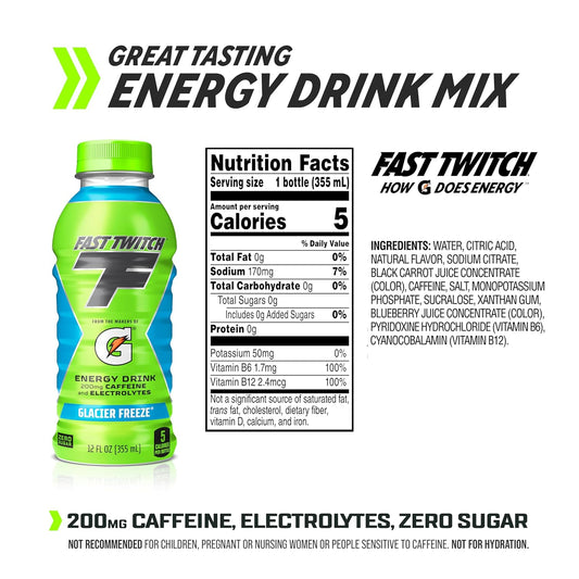 Fast Twitch Energy Drink From Gatorade, Glacier Freeze, 12 Fl Oz Bottles, (12 Pack), 200Mg Caffeine, Zero Sugar, Electrolytes