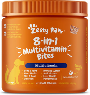 Zesty Paws Multivitamin Treats For Dogs - Glucosamine Chondroitin For Joint Support + Digestive Enzymes & Probiotics - Grain Free Vitamin For Skin & Coat + Immune Health - Peanut Butter Flavor - 90Ct