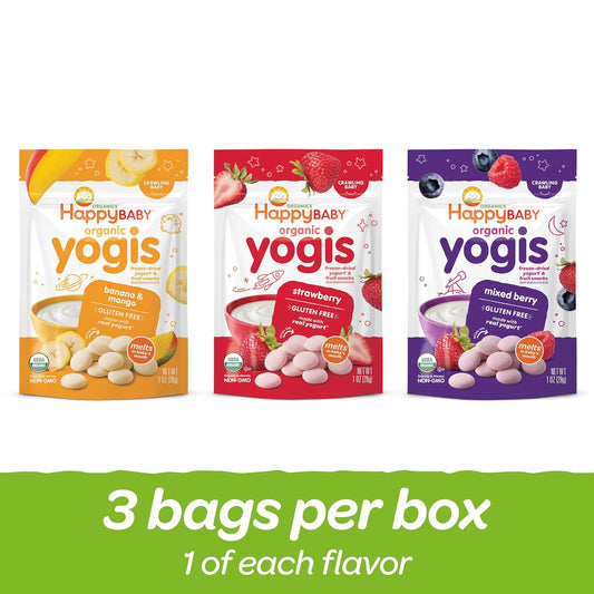 Happy Baby Organics Baby Snacks, Yogis, Freeze Dried Yogurt & Fruit Snacks, Gluten Free Snack For Babies 9+ Months, 3 Flavor Variety Pack, 1 Ounce (Total Pack Of 3)