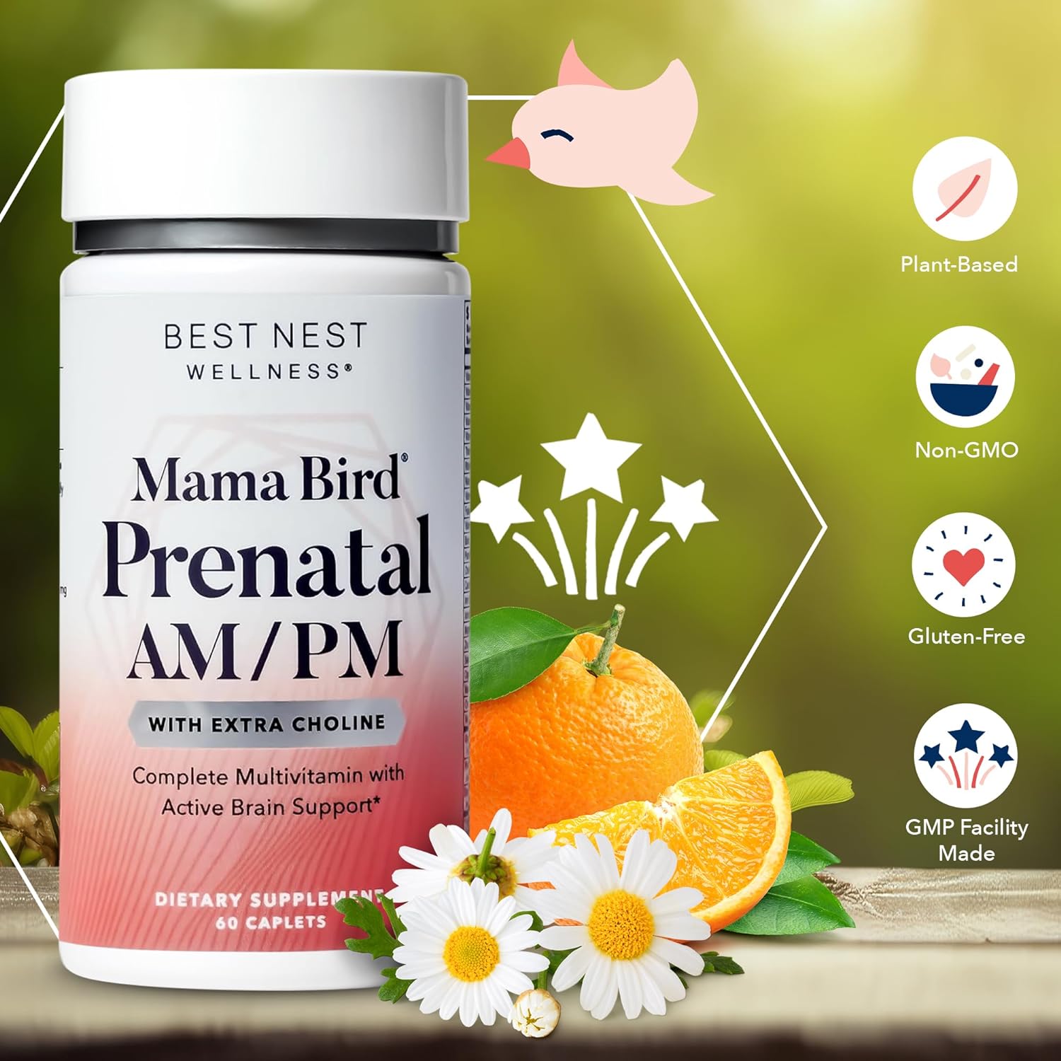 Best Nest Wellness Mama Bird AM/PM Prenatal Vitamins, Methylated Prenatal with Choline and Methylfolate (Folic Acid), Organic Herbal Blend, Twice Daily, 60 Ct : Health & Household