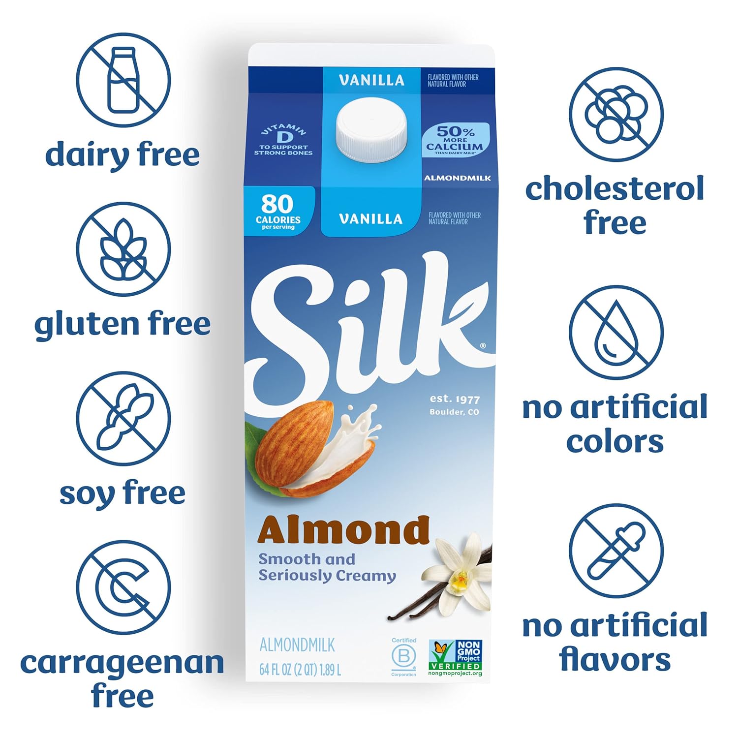 Silk Almond Milk, Vanilla, Dairy Free, Gluten Free, Seriously Creamy Vegan Milk With 50% More Calcium Than Dairy Milk, 64 Fl Oz Half Gallon