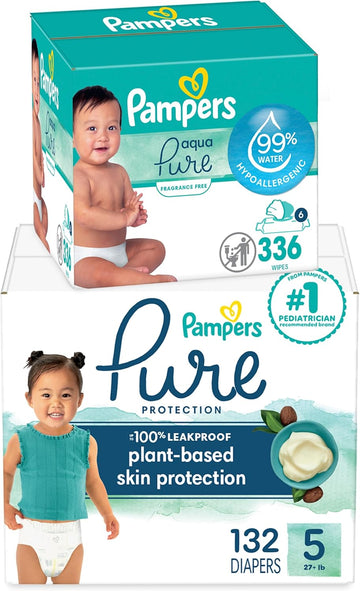 Pampers Pure Protection Disposable Baby Diapers Size 5, One Month Supply (132 Count) With Aqua Pure Baby Wipes, 6X Pop-Top Packs (336 Count)