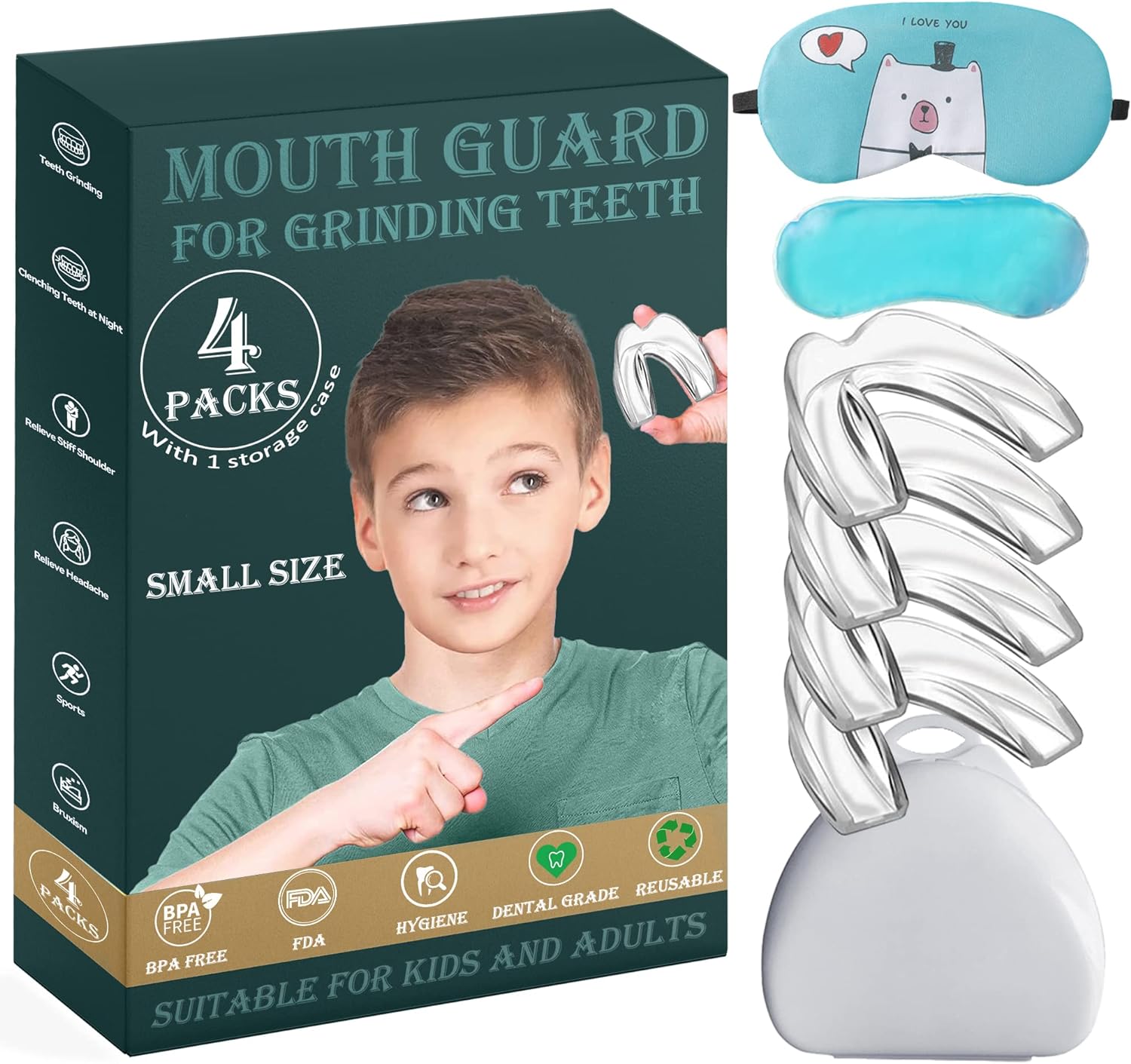 Kids Night Guard for Teeth Grinding, Small Size, 4 Pack Moldable Night Guard for Clenching Teeth | Comfortable Dental Guard | Stops Bruxism and Tmj | Including Hygiene Case and Gel Ice Pack