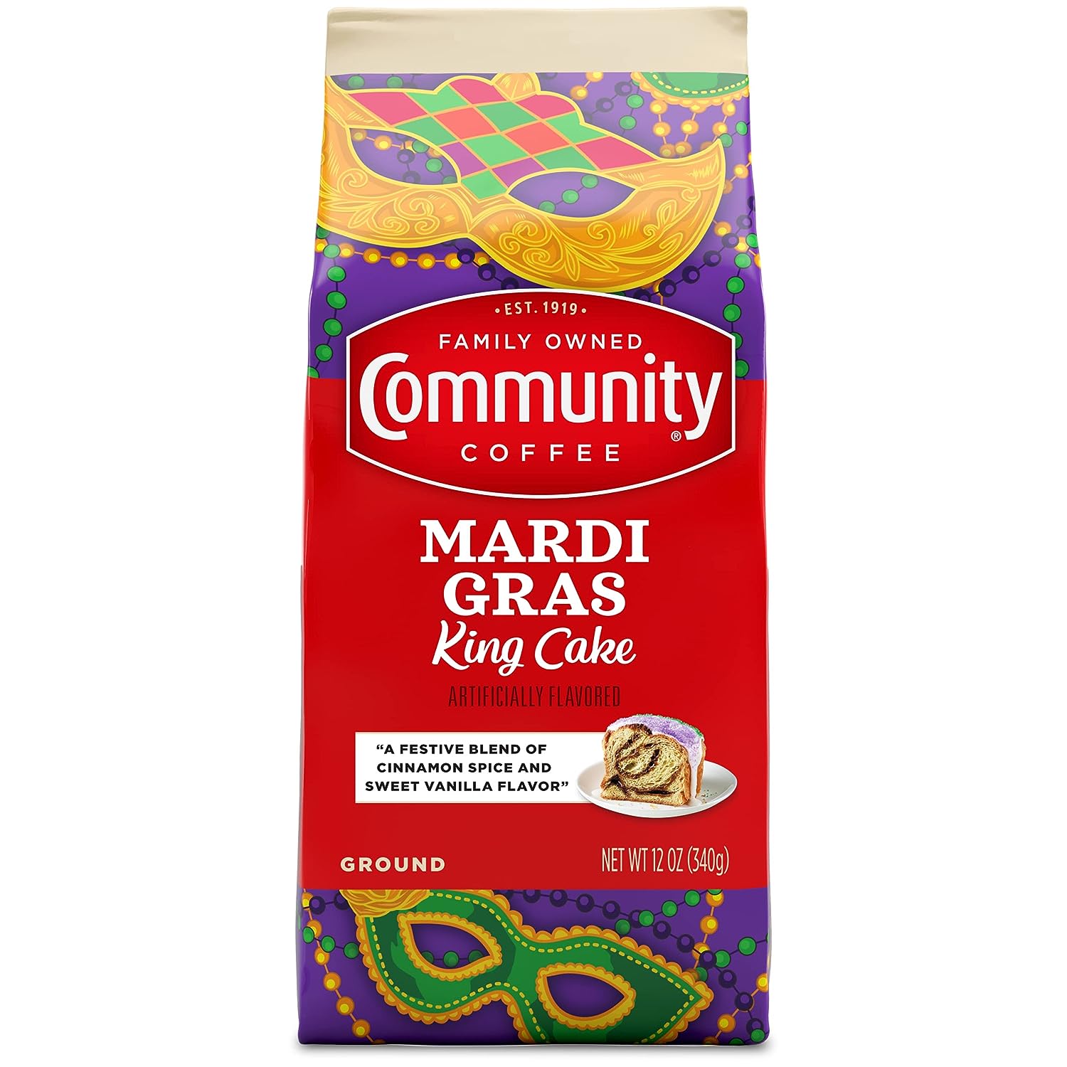 Community Coffee Mardi Gras King Cake Flavored 12 Ounces, Medium Roast Ground Coffee, 12 Ounce Bag (Pack of 1)