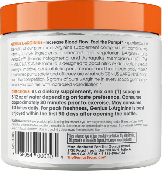 Genius L-Arginine Nitric Oxide Powder - Fermented L- Arginine Nutritional Supplements & Nitric Oxide Booster - Pre Workout, Natural Muscle Builder - 30 Servings, Lemon