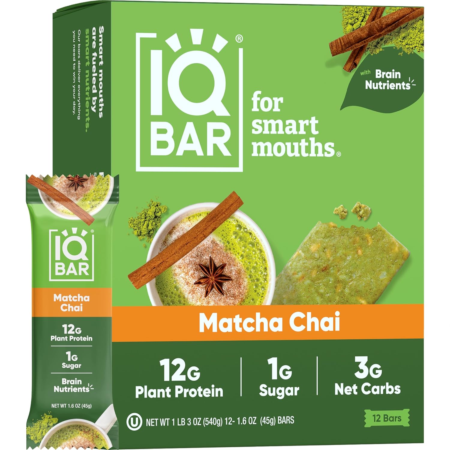 Iqbar Brain And Body Plant Protein Bars - Matcha Chai - 12 Count, Low Carb, High Fiber, Gluten Free, Healthy Vegan Snacks - Low Sugar Keto Bar Pack