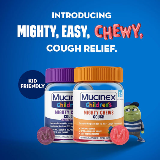 Mucinex Children'S Mighty Chews Kids Cough Medicine Daytime And Nighttime Value Pack, Easy To Dose Cough Suppressant For Kids With Dextromethorphan, Mixed Berry Flavor, 32 Medicated Chewable Tablets